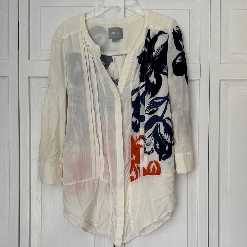 Maeve by Anthropologie Cream Tunic Blouse w/ Navy & Orange Botanical Print Sz 6